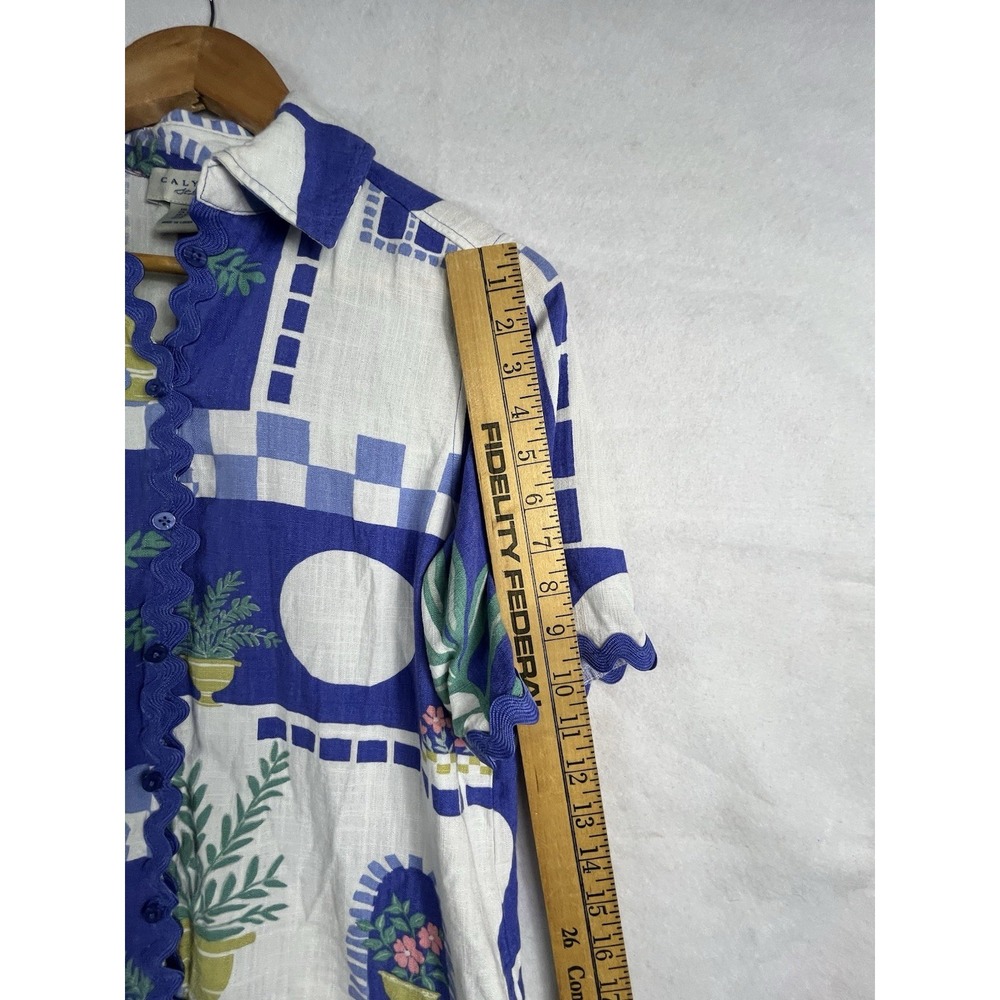 Calypso St Barth XS Linen Blend Ric Rac Trim Button Front Top Blue Print - Picture 7 of 10